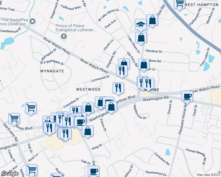 map of restaurants, bars, coffee shops, grocery stores, and more near 175 Petersburg Circle in Martinez