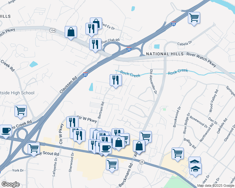 map of restaurants, bars, coffee shops, grocery stores, and more near 2027 Helmsdale Lane in Augusta