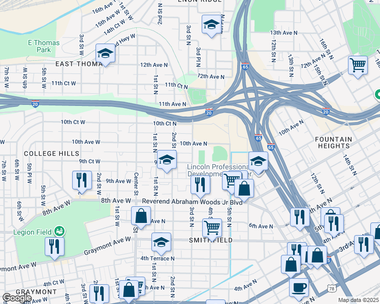 map of restaurants, bars, coffee shops, grocery stores, and more near 972 3rd Street North in Birmingham