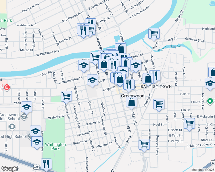 map of restaurants, bars, coffee shops, grocery stores, and more near 414 Fulton St in Greenwood