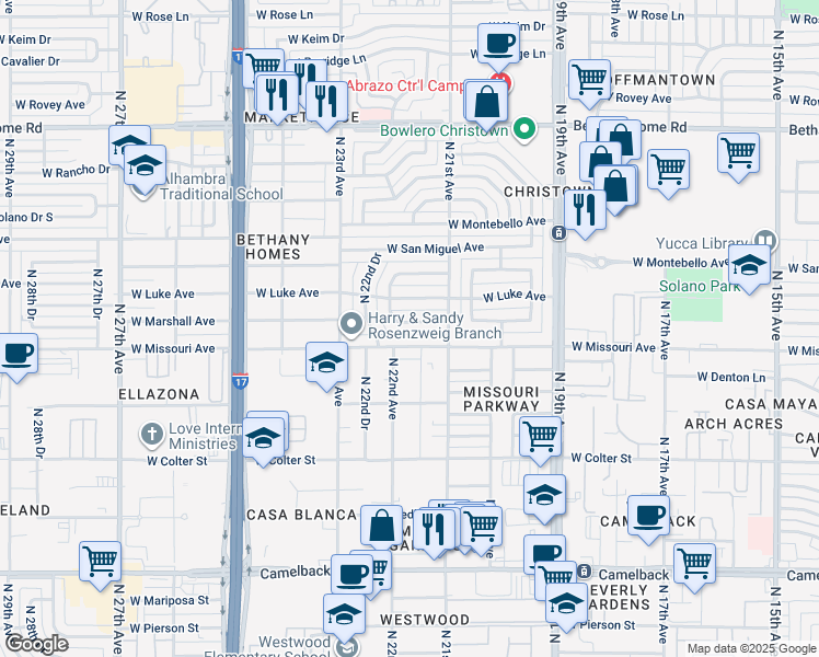 map of restaurants, bars, coffee shops, grocery stores, and more near 2131 West Marshall Avenue in Phoenix