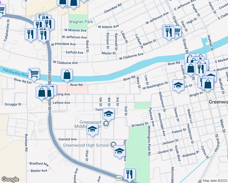 map of restaurants, bars, coffee shops, grocery stores, and more near 1108 Strong Avenue in Greenwood