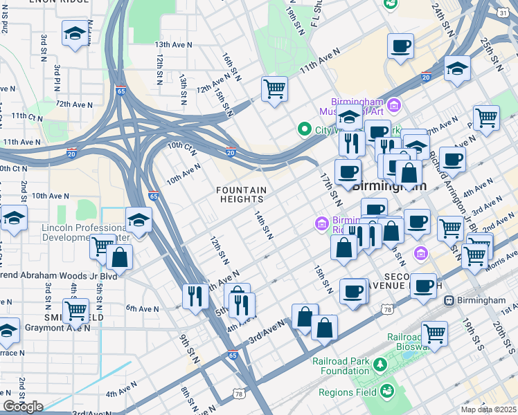 map of restaurants, bars, coffee shops, grocery stores, and more near 1401 Reverend Abraham Woods Junior Boulevard in Birmingham