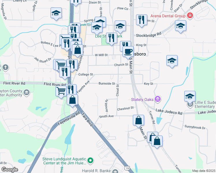 map of restaurants, bars, coffee shops, grocery stores, and more near 145 Burnside Street in Jonesboro