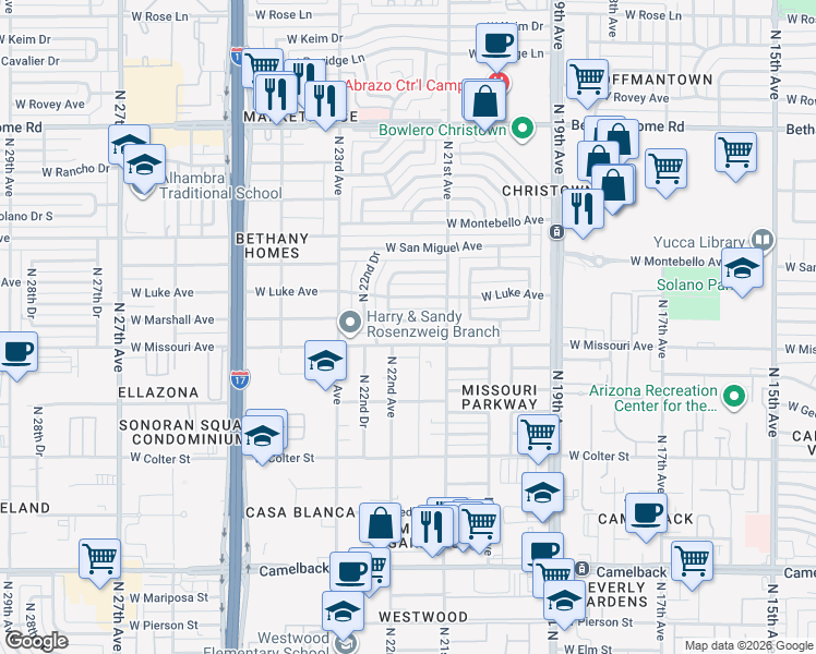 map of restaurants, bars, coffee shops, grocery stores, and more near 2131 West Marshall Avenue in Phoenix