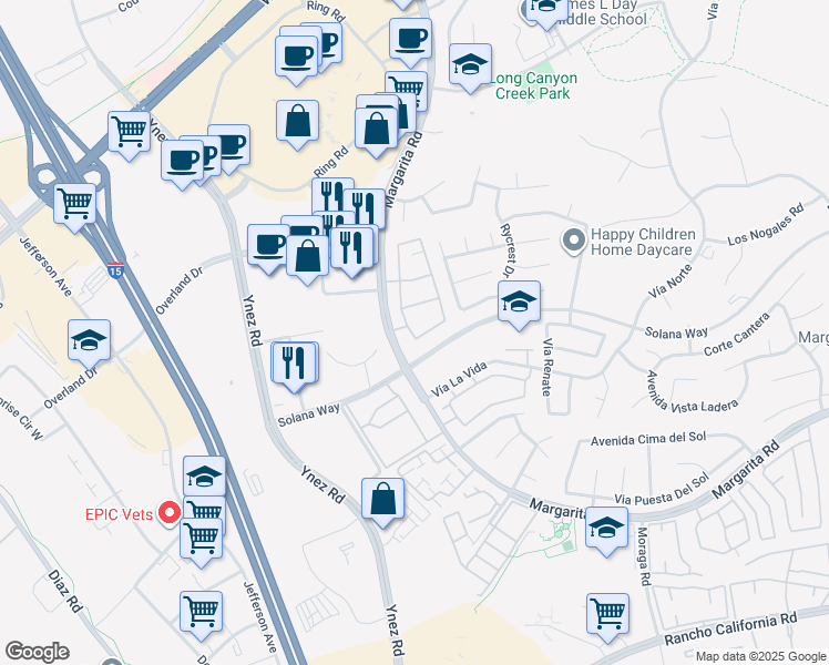 map of restaurants, bars, coffee shops, grocery stores, and more near 41734 Margarita Road in Temecula