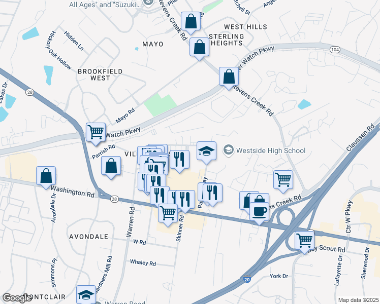 map of restaurants, bars, coffee shops, grocery stores, and more near 1006 Pickerel Lane in Augusta