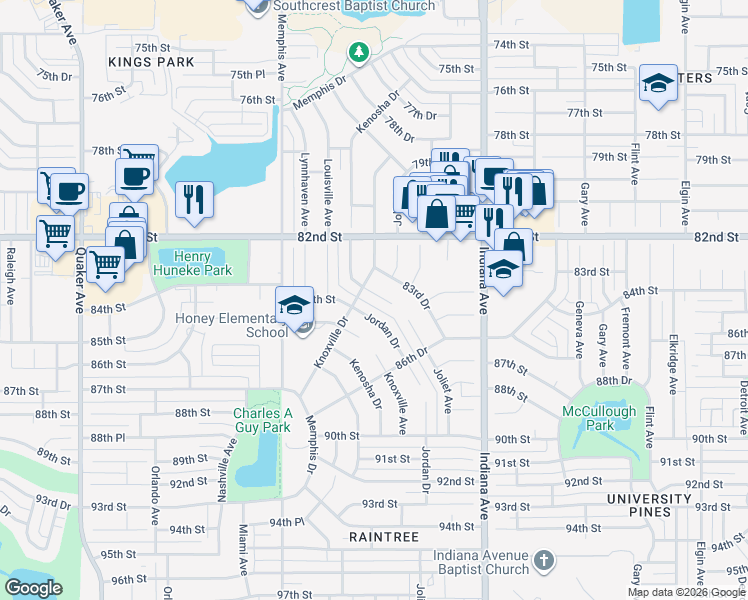 map of restaurants, bars, coffee shops, grocery stores, and more near 3507 84th Street in Lubbock
