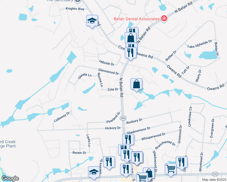 map of restaurants, bars, coffee shops, grocery stores, and more near 4508 Zola Drive in Evans