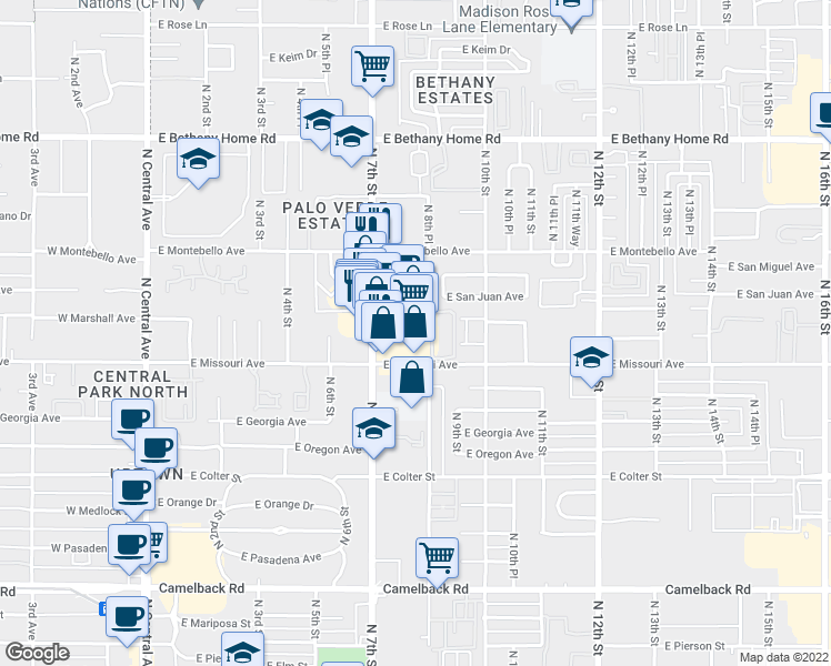 map of restaurants, bars, coffee shops, grocery stores, and more near 5521 North 7th Street in Phoenix
