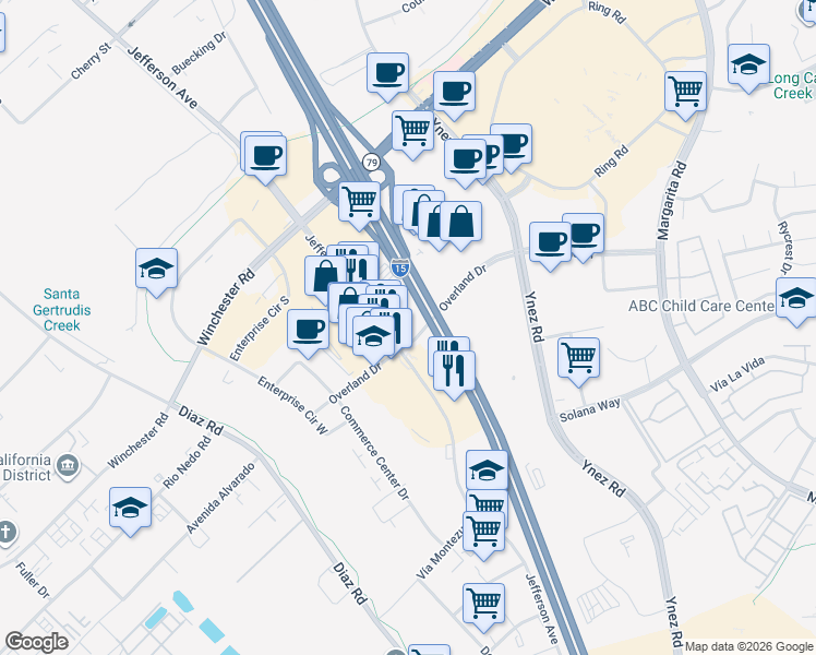 map of restaurants, bars, coffee shops, grocery stores, and more near 27622 Jefferson Avenue in Temecula
