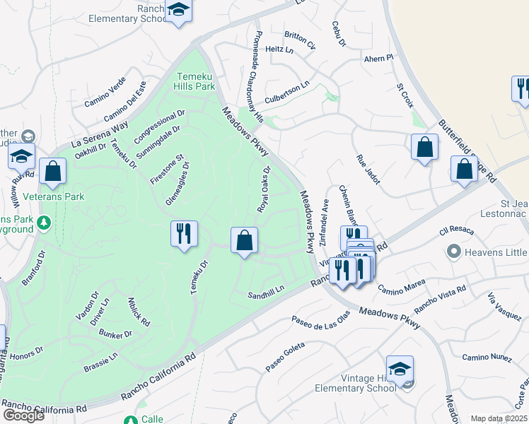 map of restaurants, bars, coffee shops, grocery stores, and more near 31525 Royal Oaks Drive in Temecula