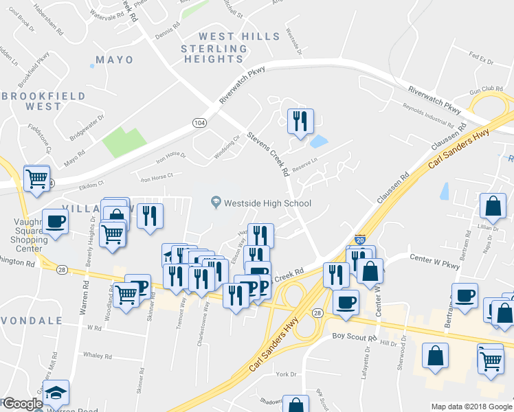 map of restaurants, bars, coffee shops, grocery stores, and more near 1207 Kendal Ct in Augusta