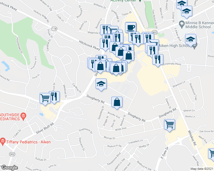 map of restaurants, bars, coffee shops, grocery stores, and more near 1552 Hamilton Drive in Aiken