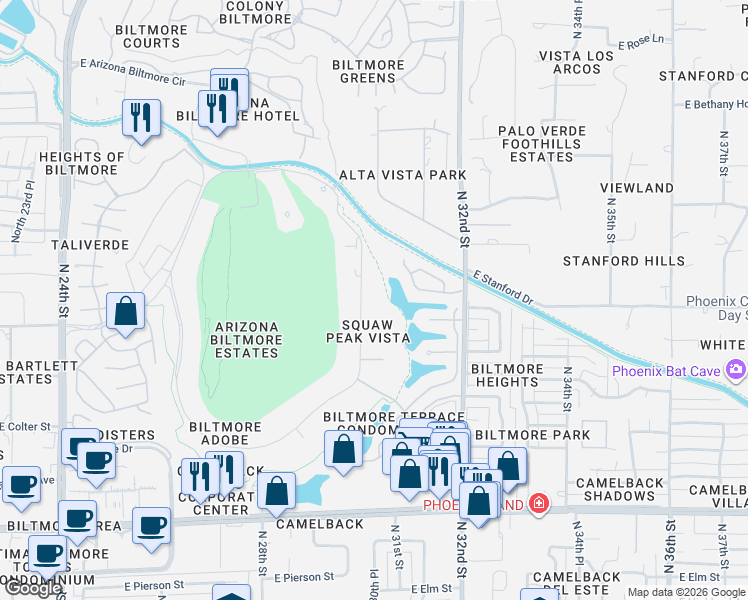 map of restaurants, bars, coffee shops, grocery stores, and more near 94 Biltmore Estates Drive in Phoenix