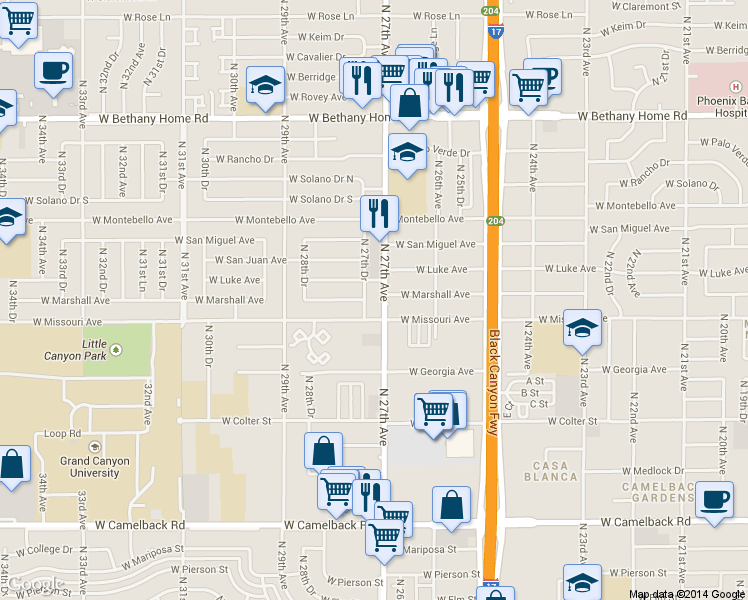 map of restaurants, bars, coffee shops, grocery stores, and more near 5517 North 27th Drive in Phoenix
