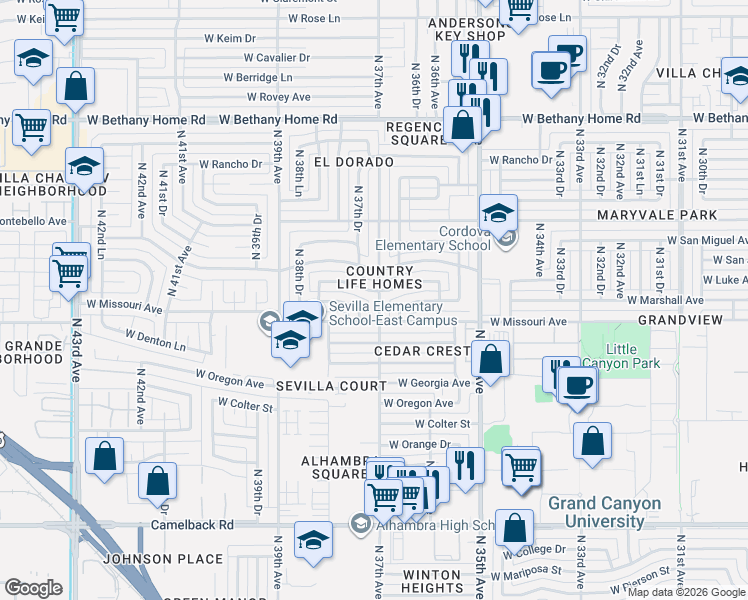 map of restaurants, bars, coffee shops, grocery stores, and more near 5519 North 37th Avenue in Phoenix