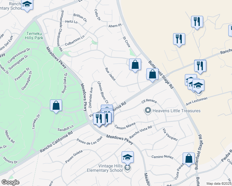 map of restaurants, bars, coffee shops, grocery stores, and more near 32072 Pinot Blanc Court in Temecula