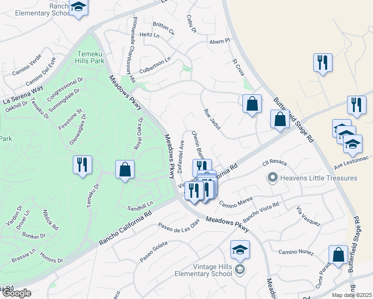 map of restaurants, bars, coffee shops, grocery stores, and more near 41537 Chenin Blanc Court in Temecula