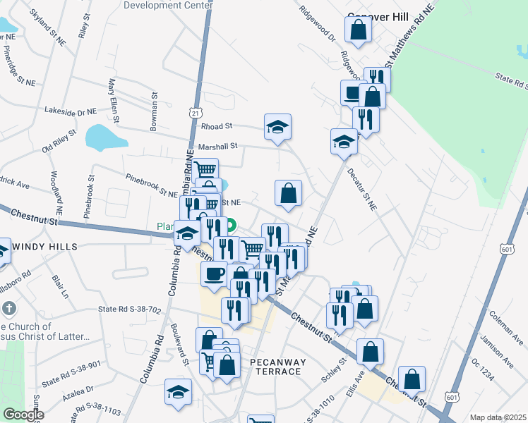 map of restaurants, bars, coffee shops, grocery stores, and more near 1415 Wingate Street Northeast in Orangeburg