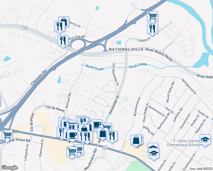 map of restaurants, bars, coffee shops, grocery stores, and more near 502 Walden Hills Court in Augusta