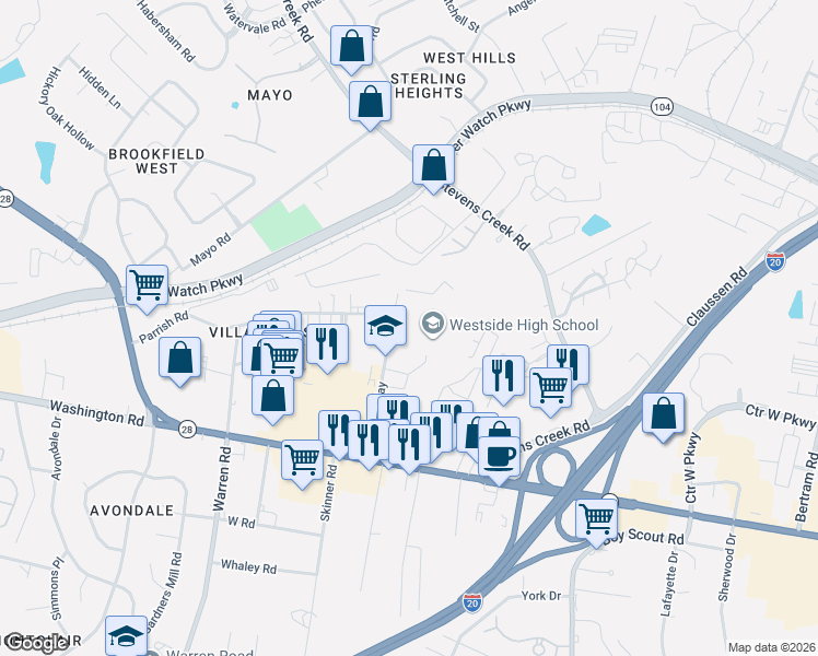 map of restaurants, bars, coffee shops, grocery stores, and more near 1002 Patriots Way in Augusta