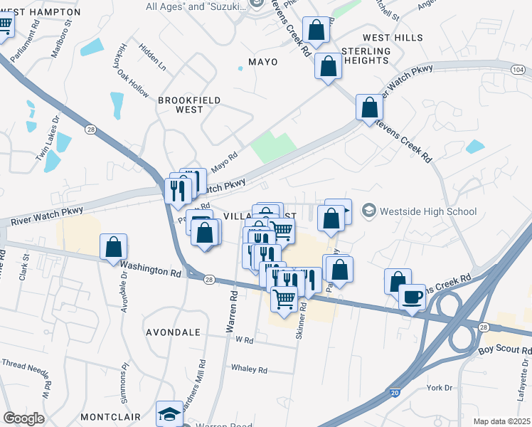 map of restaurants, bars, coffee shops, grocery stores, and more near 3106 Parrish Road in Augusta