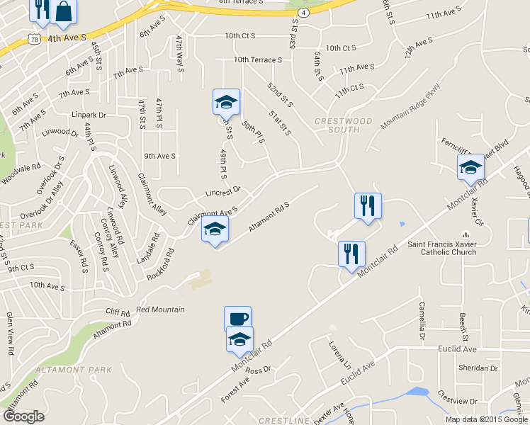 map of restaurants, bars, coffee shops, grocery stores, and more near 4960 Altamont Road South in Birmingham