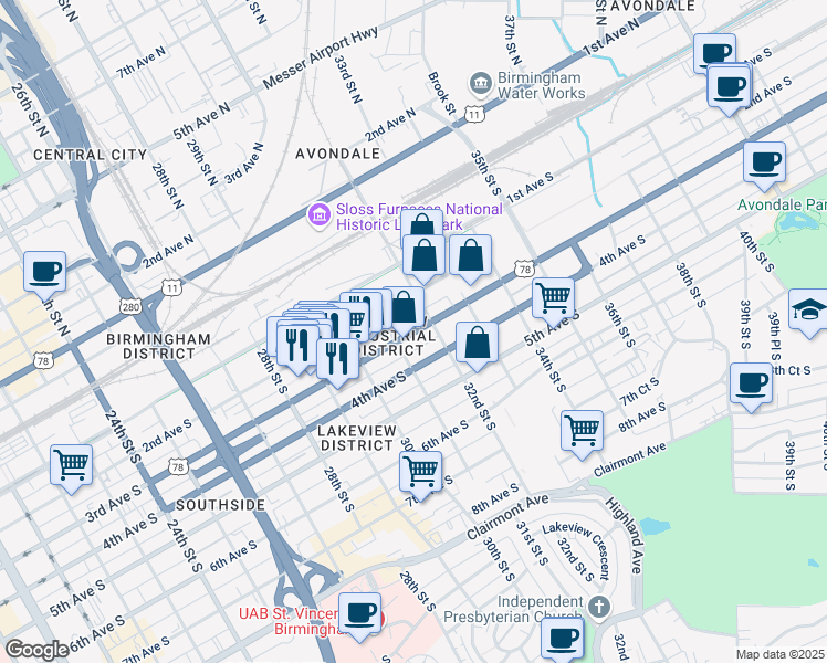 map of restaurants, bars, coffee shops, grocery stores, and more near 3118 3rd Avenue South in Birmingham