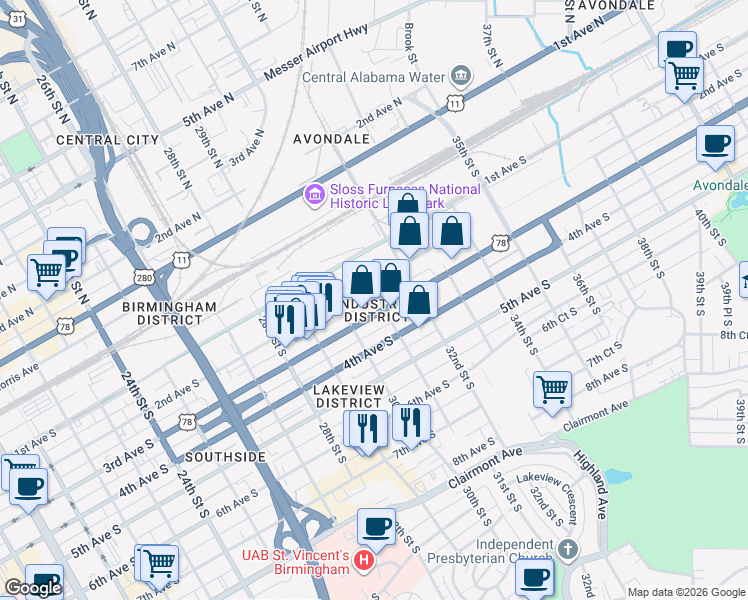 map of restaurants, bars, coffee shops, grocery stores, and more near 3029 2nd Ave S in Birmingham