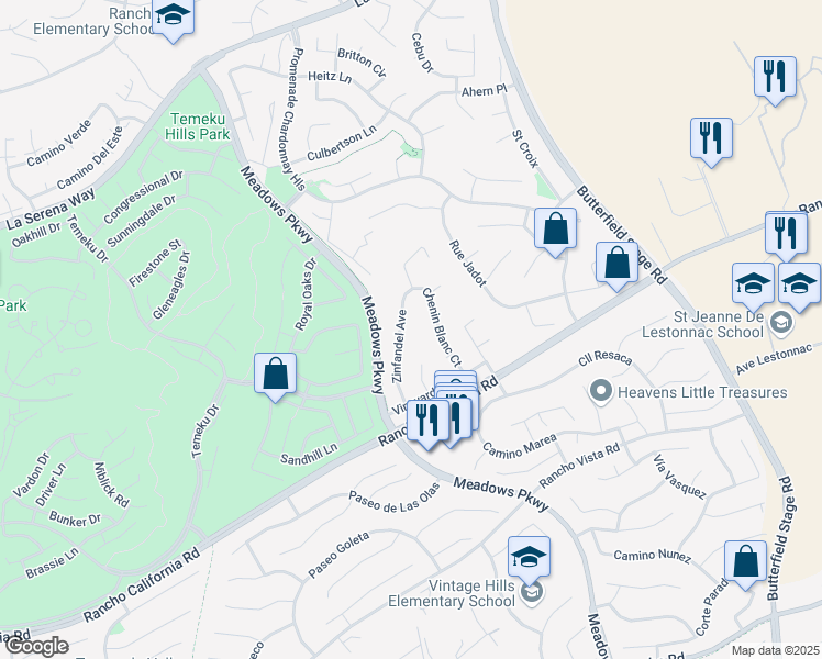 map of restaurants, bars, coffee shops, grocery stores, and more near 41556 Zinfandel Avenue in Temecula