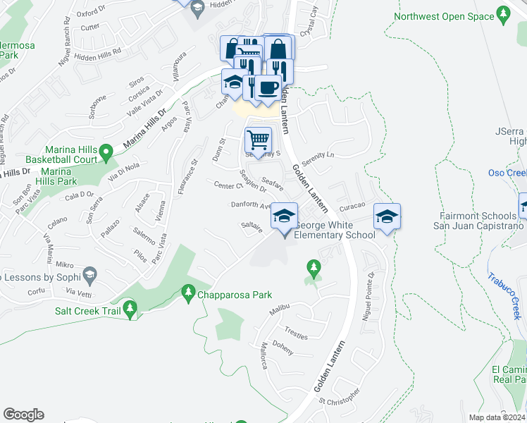 map of restaurants, bars, coffee shops, grocery stores, and more near 26 Danforth Avenue in Laguna Niguel