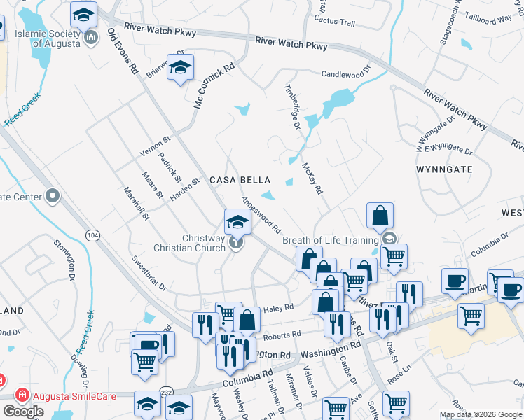 map of restaurants, bars, coffee shops, grocery stores, and more near 222 Anneswood Road in Martinez