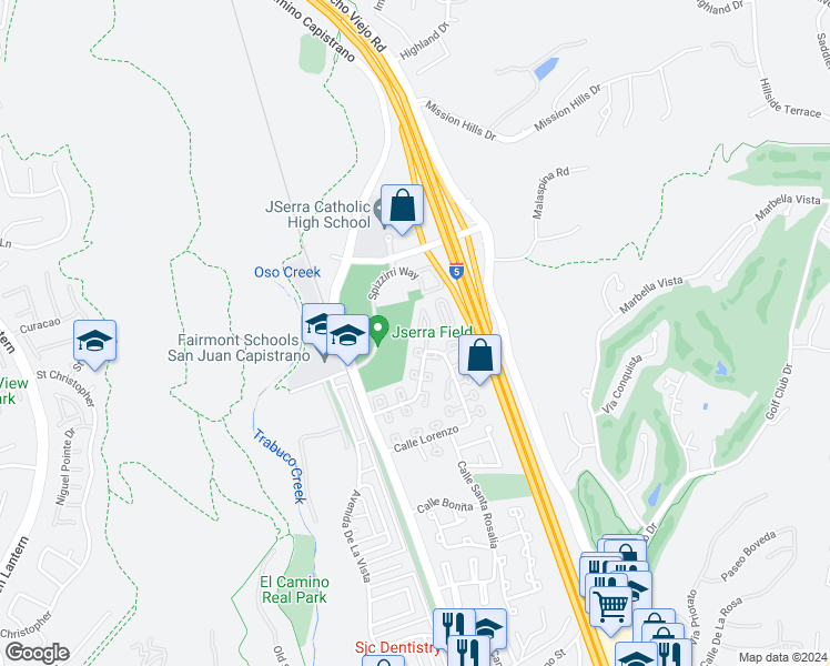 map of restaurants, bars, coffee shops, grocery stores, and more near 30691 Calle Chueca in San Juan Capistrano