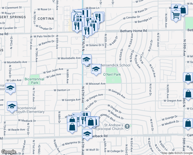 map of restaurants, bars, coffee shops, grocery stores, and more near 6600 West Missouri Avenue in Glendale