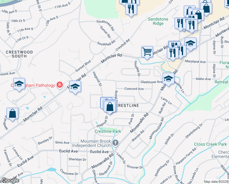 map of restaurants, bars, coffee shops, grocery stores, and more near 620 Royal Street in Birmingham