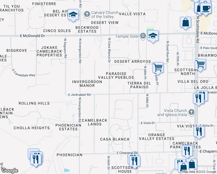 map of restaurants, bars, coffee shops, grocery stores, and more near 5530 North 66th Street in Paradise Valley