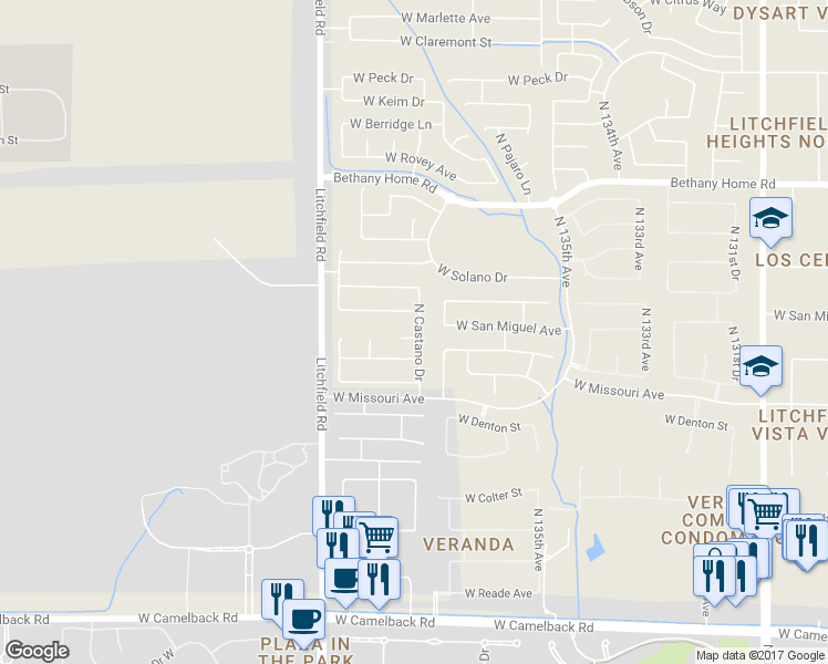 map of restaurants, bars, coffee shops, grocery stores, and more near 13710 West San Juan Avenue in Litchfield Park