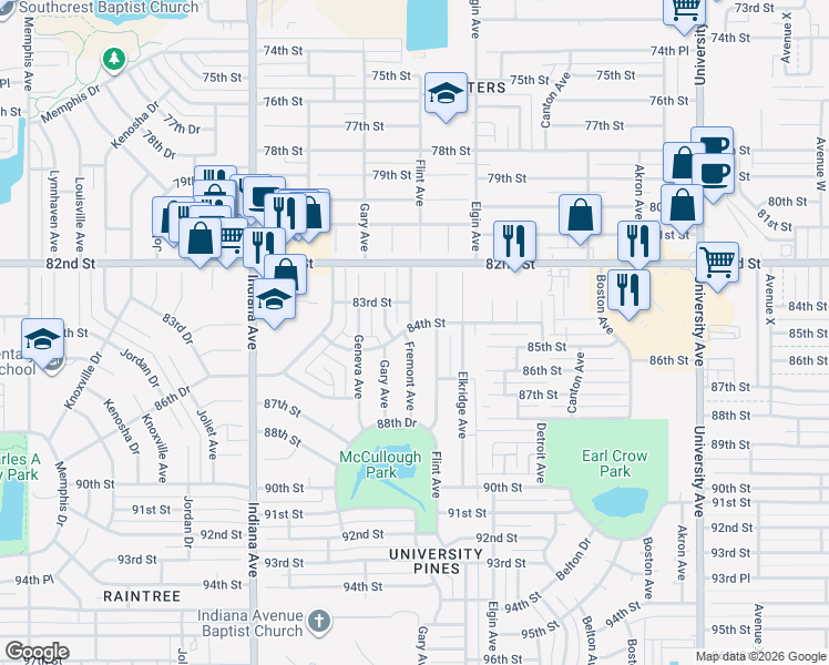 map of restaurants, bars, coffee shops, grocery stores, and more near 8401 Fremont Avenue in Lubbock