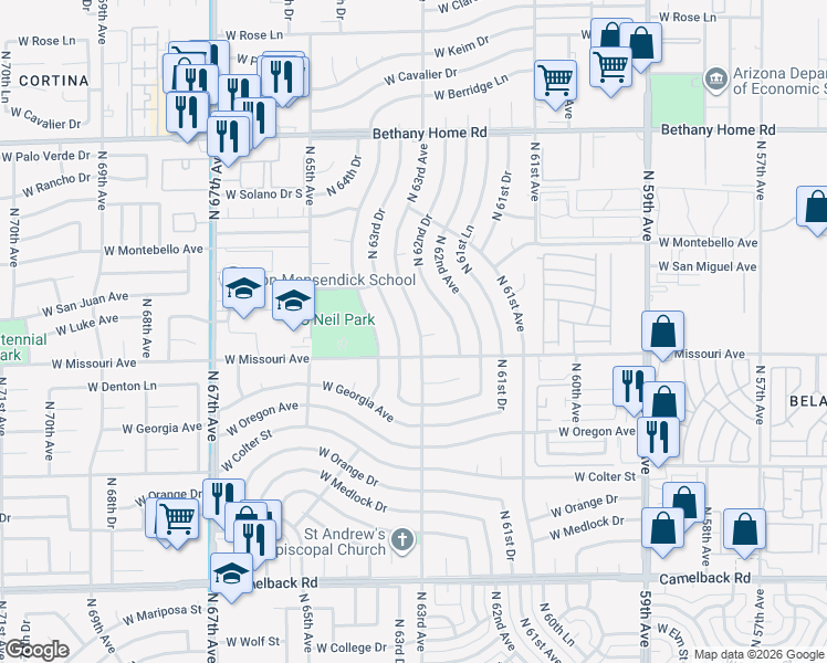 map of restaurants, bars, coffee shops, grocery stores, and more near 5520 North 63rd Avenue in Glendale