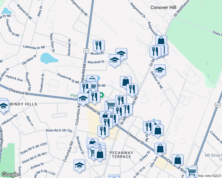 map of restaurants, bars, coffee shops, grocery stores, and more near 1685 Hartwell Street Northeast in Orangeburg