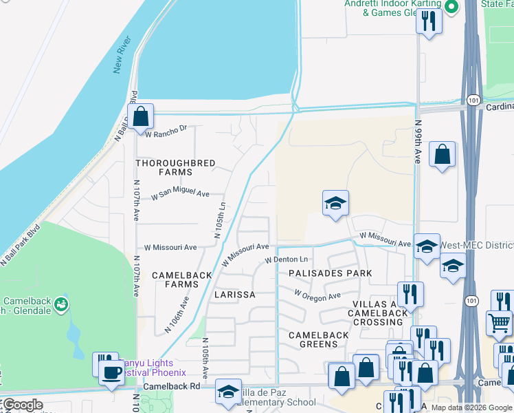 map of restaurants, bars, coffee shops, grocery stores, and more near 10325 West San Miguel Avenue in Glendale