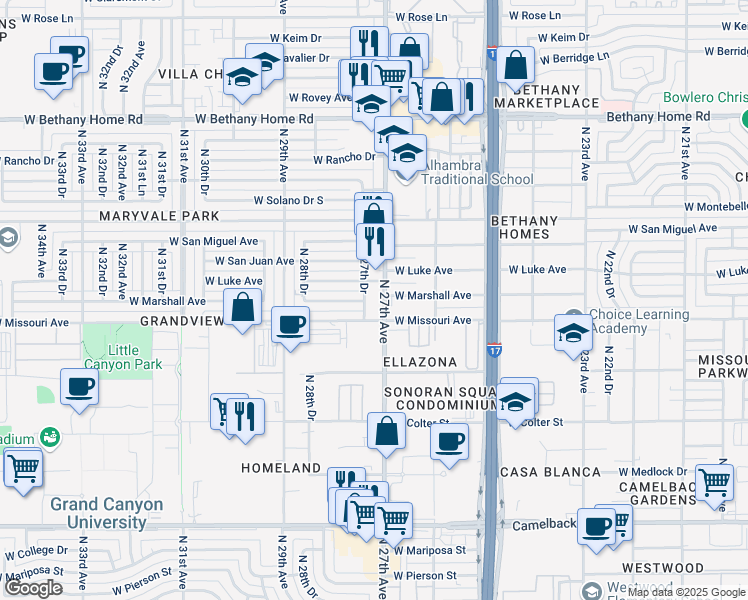 map of restaurants, bars, coffee shops, grocery stores, and more near 5517 North 27th Drive in Phoenix
