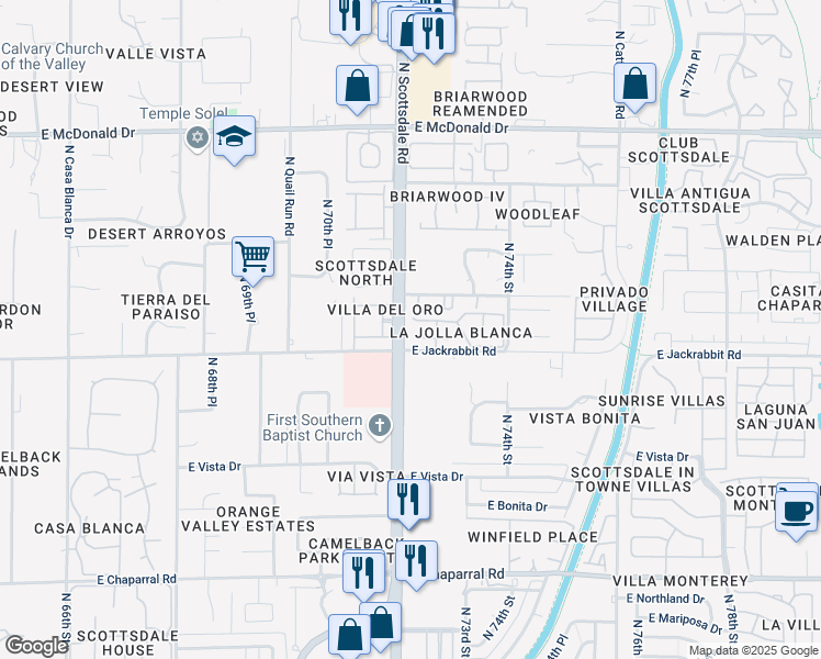 map of restaurants, bars, coffee shops, grocery stores, and more near 7205 East Arlington Road in Scottsdale