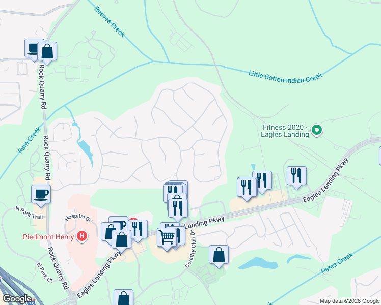 map of restaurants, bars, coffee shops, grocery stores, and more near 702 Deerwood Drive in Stockbridge