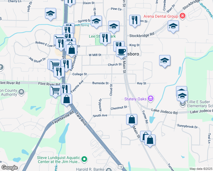 map of restaurants, bars, coffee shops, grocery stores, and more near 127 Burnside Street in Jonesboro