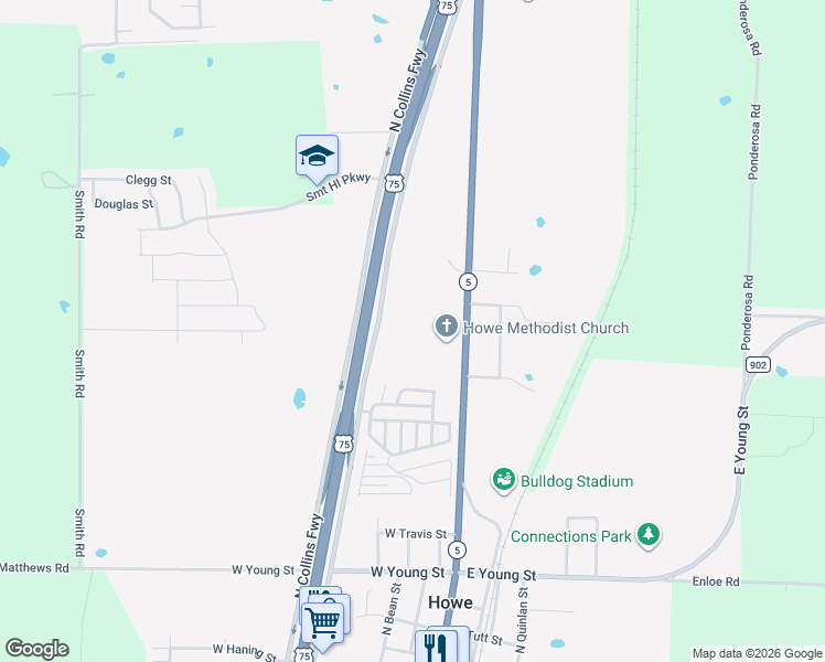 map of restaurants, bars, coffee shops, grocery stores, and more near 811 North Collins Freeway in Howe