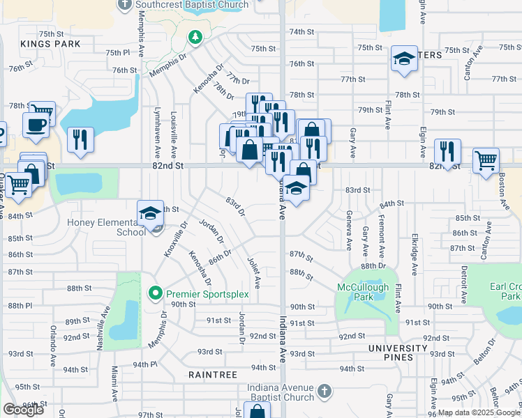 map of restaurants, bars, coffee shops, grocery stores, and more near 3411 84th Street in Lubbock