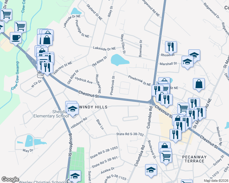 map of restaurants, bars, coffee shops, grocery stores, and more near 2079 Pinebrook Street in Orangeburg