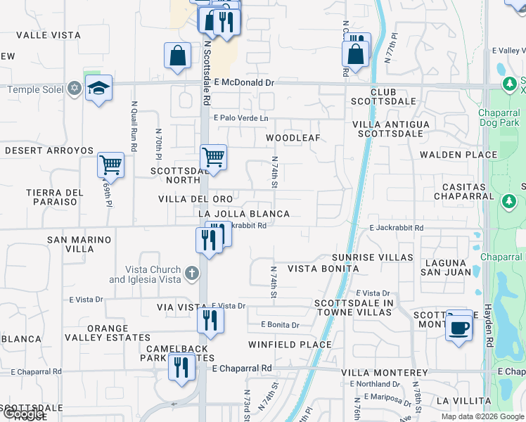 map of restaurants, bars, coffee shops, grocery stores, and more near 5555 North 73rd Place in Scottsdale